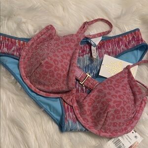 BECCA NWT L Blue Pink SPARKLE Bottom JESSICA SIMPSON UNDERWIRE L SPARKLE BIKINI